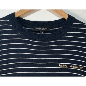 Banana Republic Cashmere Silk Blend Sweater Hello Weekend Striped Navy Blue Sz M